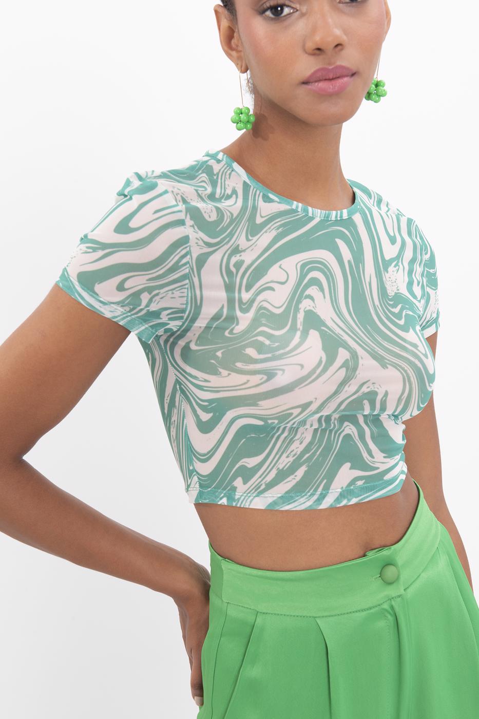 Bayan Yeşil Bisiklet Yaka Kısa Kol Tül Body