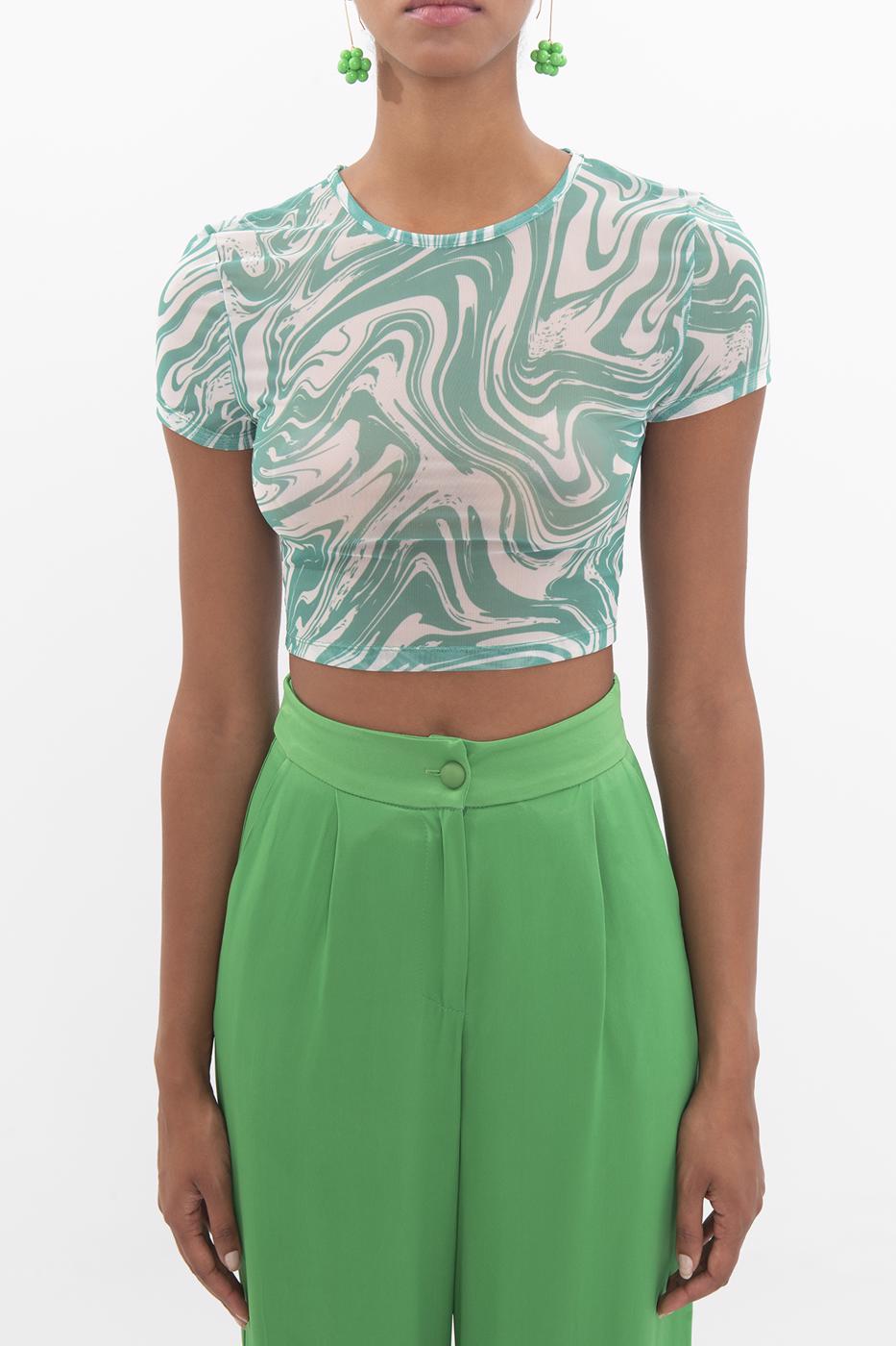 Bayan Yeşil Bisiklet Yaka Kısa Kol Tül Body