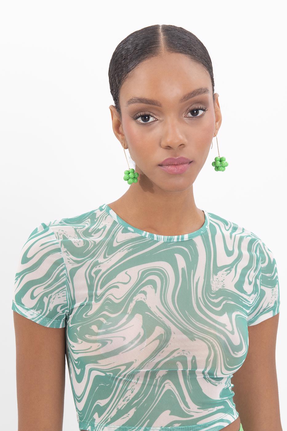 Bayan Yeşil Bisiklet Yaka Kısa Kol Tül Body