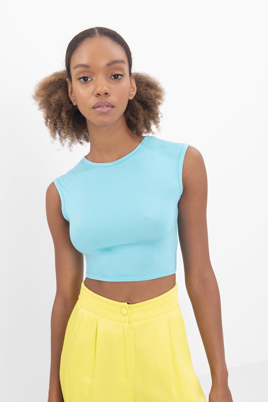 Bayan Mavi Bisiklet Yaka Kolsuz Crop Body