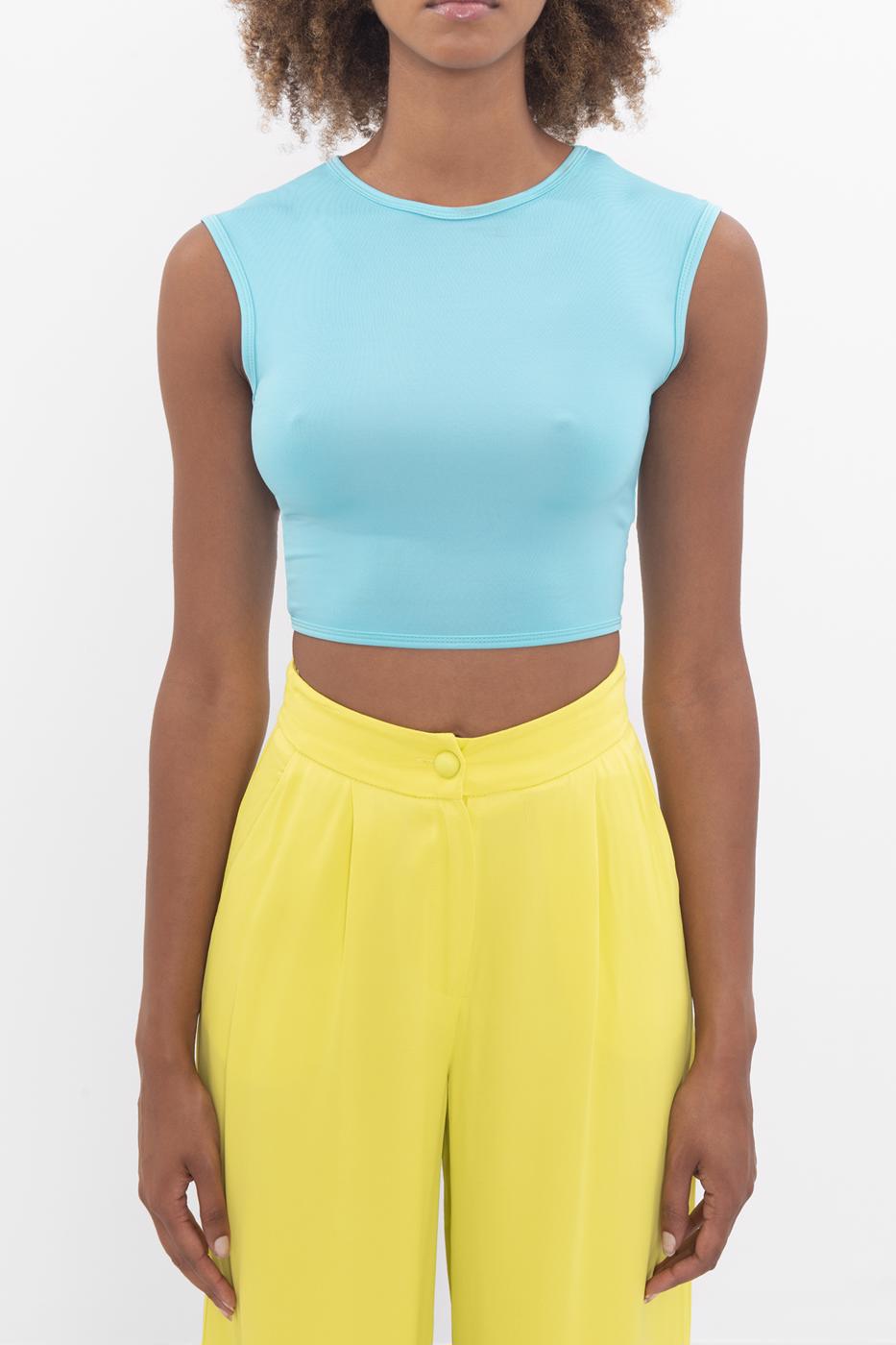 Bayan Mavi Bisiklet Yaka Kolsuz Crop Body