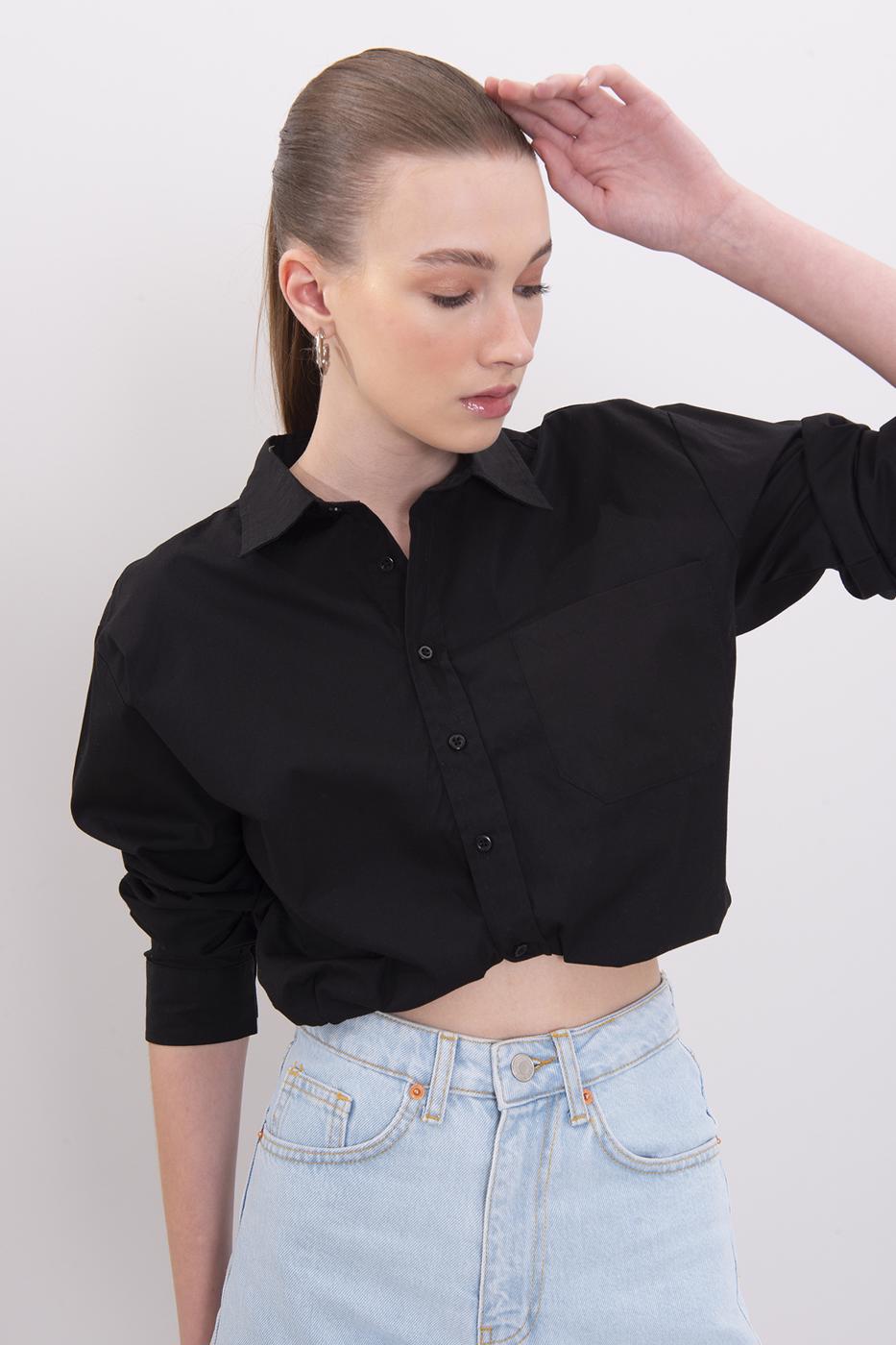 Bayan Siyah Rahat Poplin Gömlek