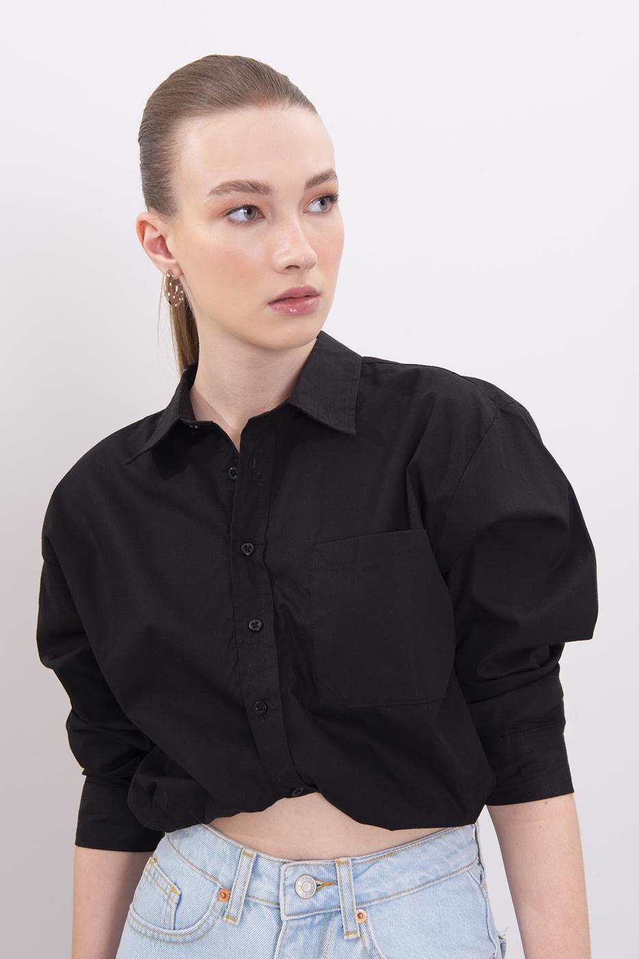 Bayan Siyah Rahat Poplin Gömlek