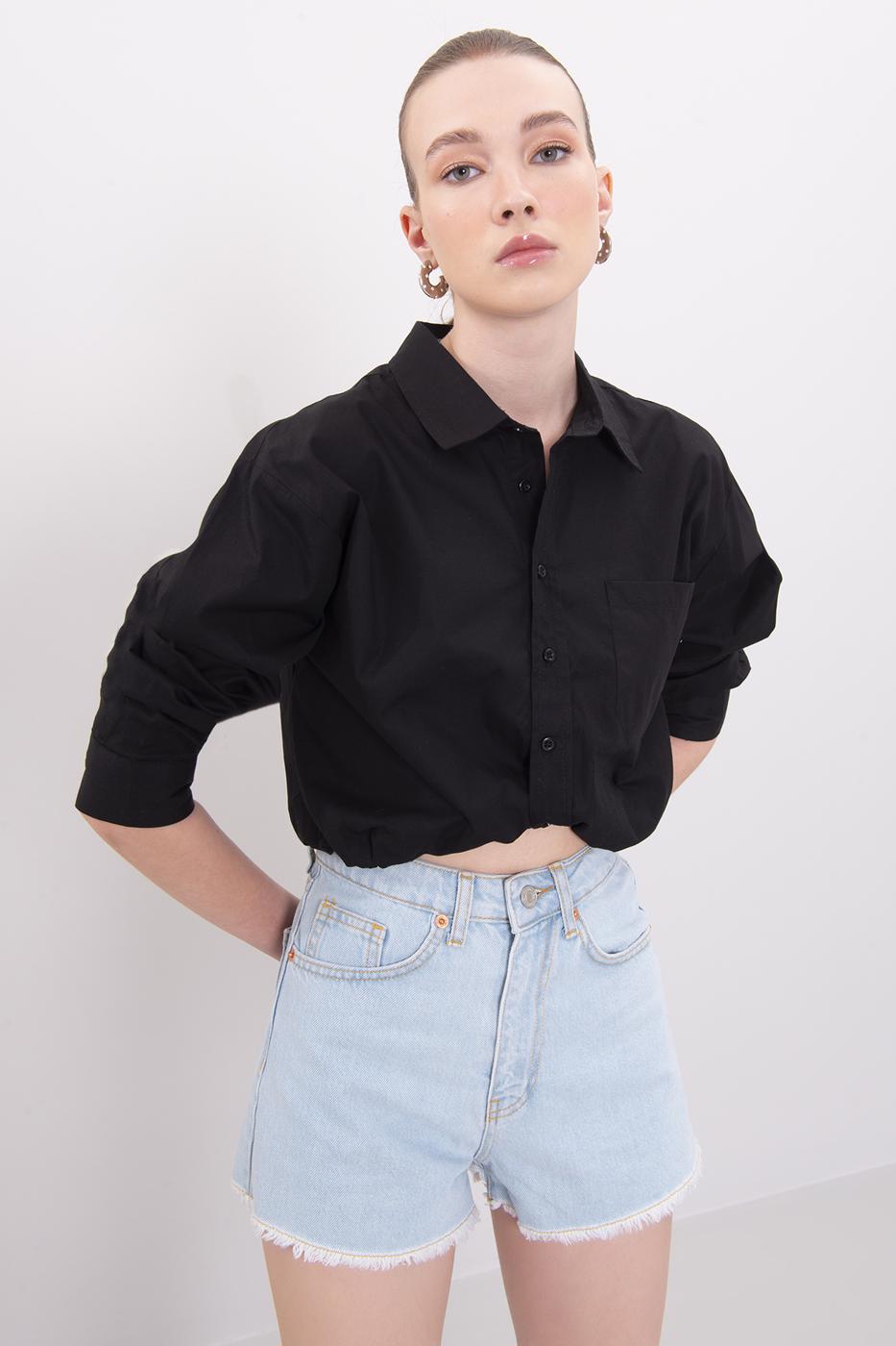 Bayan Siyah Rahat Poplin Gömlek