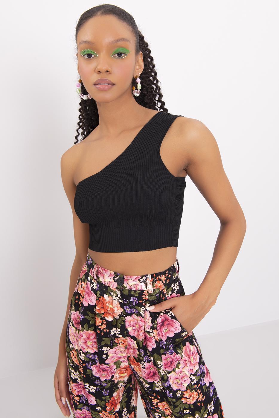 Bayan Siyah Tek Omuz Triko Büstiyer