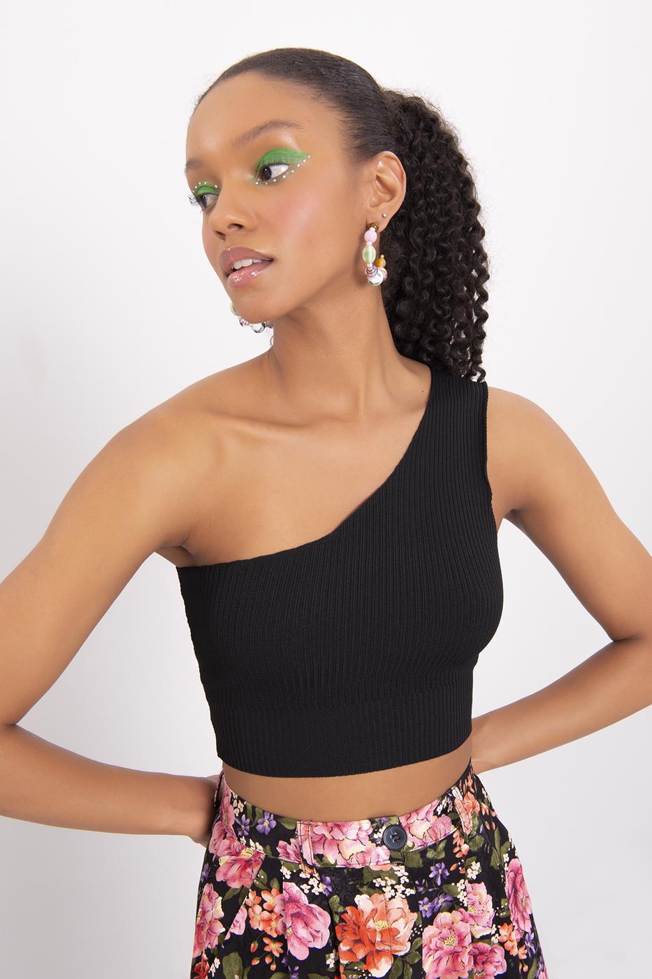 Bayan Siyah Tek Omuz Triko Büstiyer