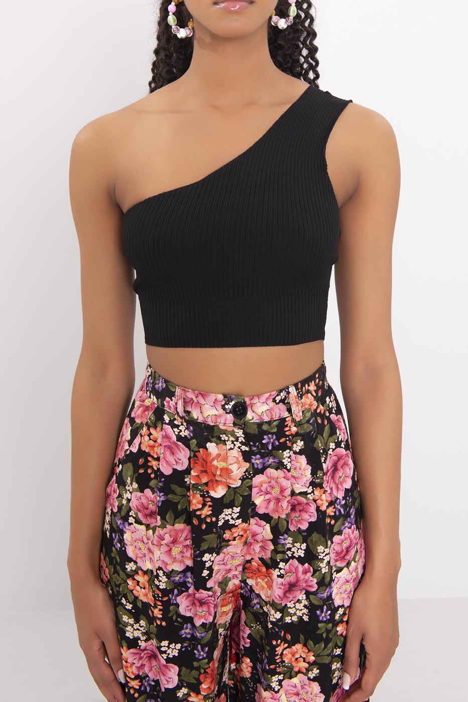 Bayan Siyah Tek Omuz Triko Büstiyer