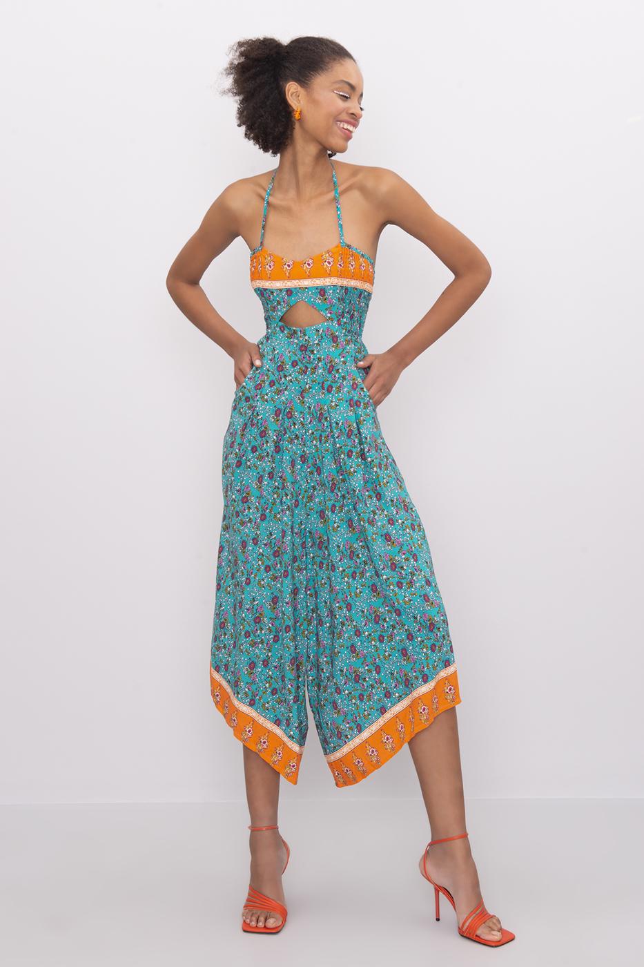 Bayan Yeşil Sırt Çapraz Ve Boyun Bağlamalı Midi Tulum