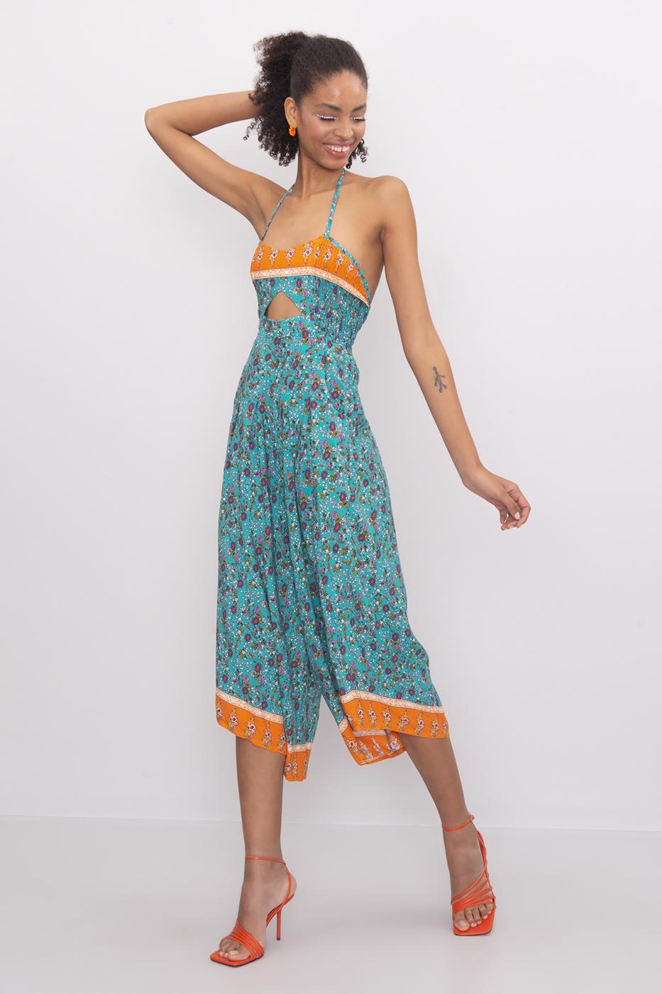 Bayan Yeşil Sırt Çapraz Ve Boyun Bağlamalı Midi Tulum