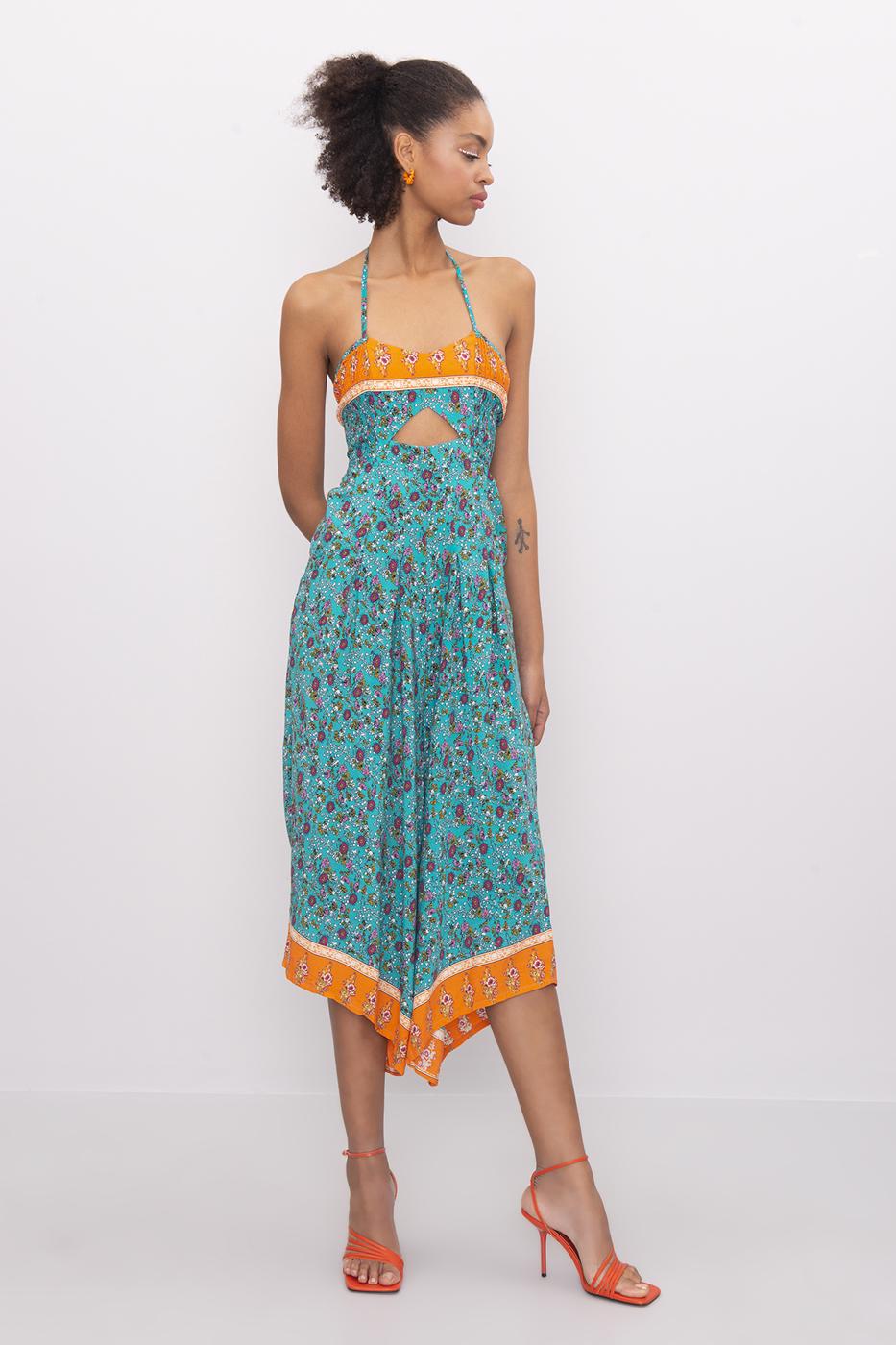 Bayan Yeşil Sırt Çapraz Ve Boyun Bağlamalı Midi Tulum