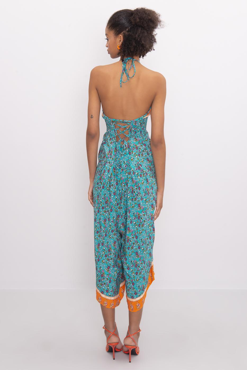 Bayan Yeşil Sırt Çapraz Ve Boyun Bağlamalı Midi Tulum