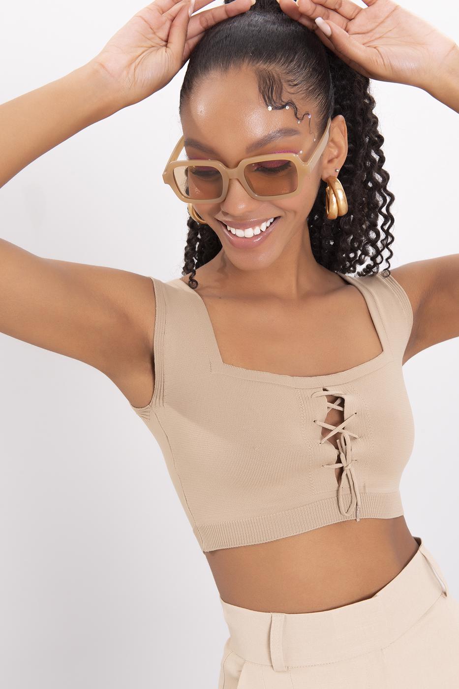 Bayan Bej Kalın Askılı Örgü Büstiyer