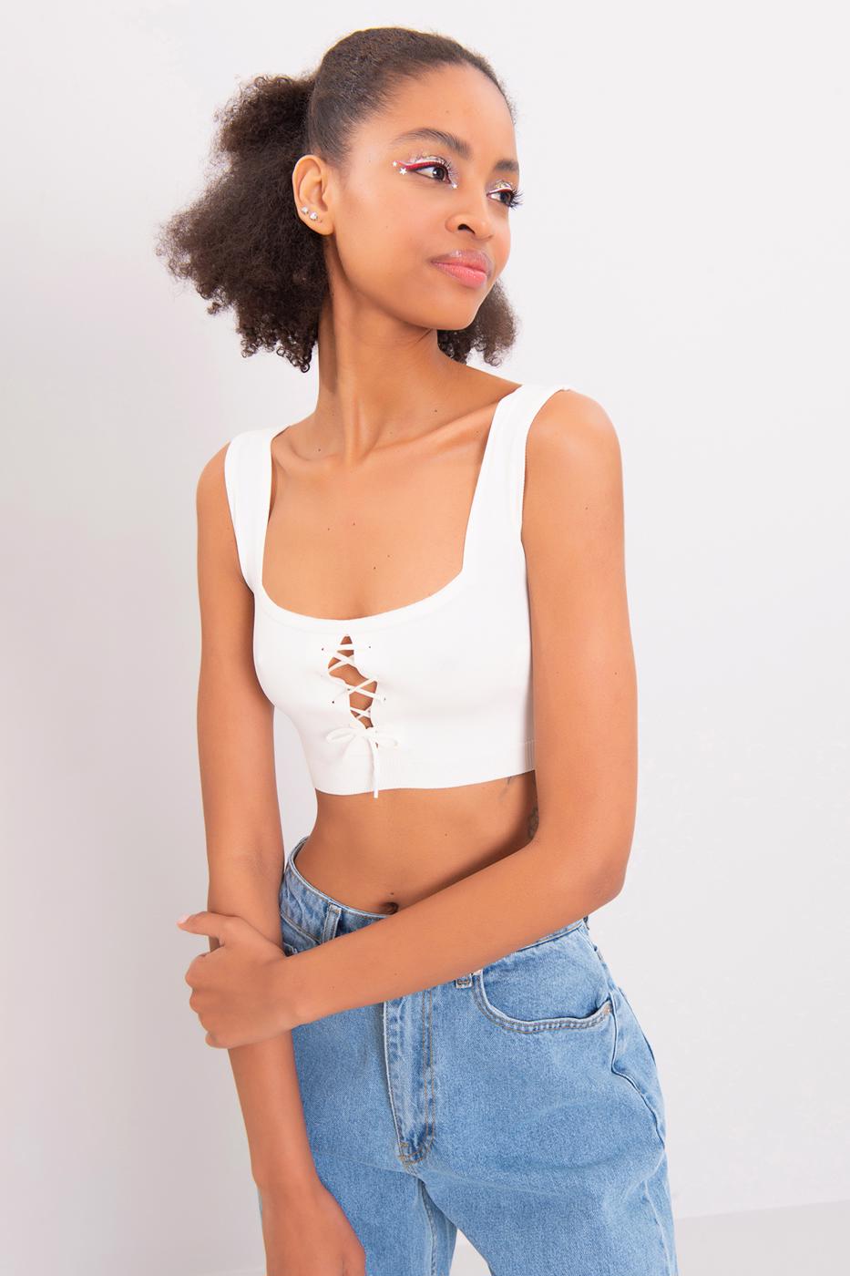 Bayan Ekru Kalın Askılı Örgü Büstiyer