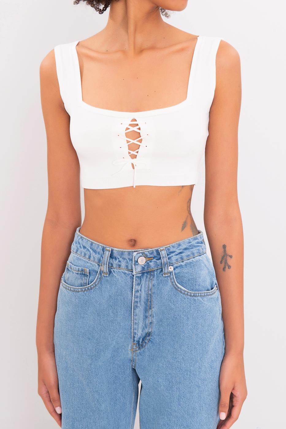 Bayan Ekru Kalın Askılı Örgü Büstiyer