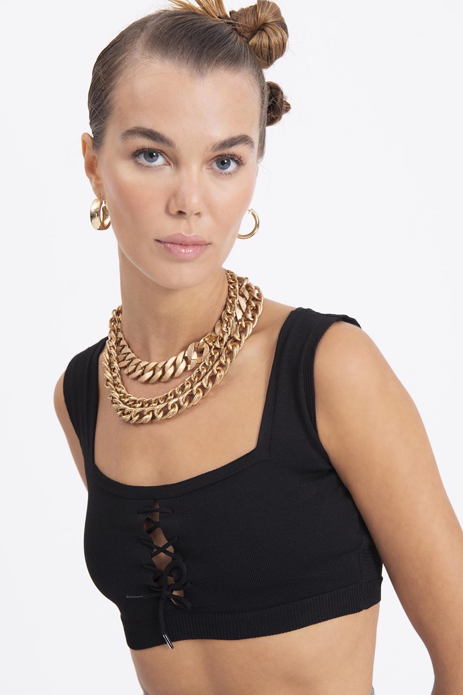 Bayan Siyah Kalın Askılı Örgü Büstiyer