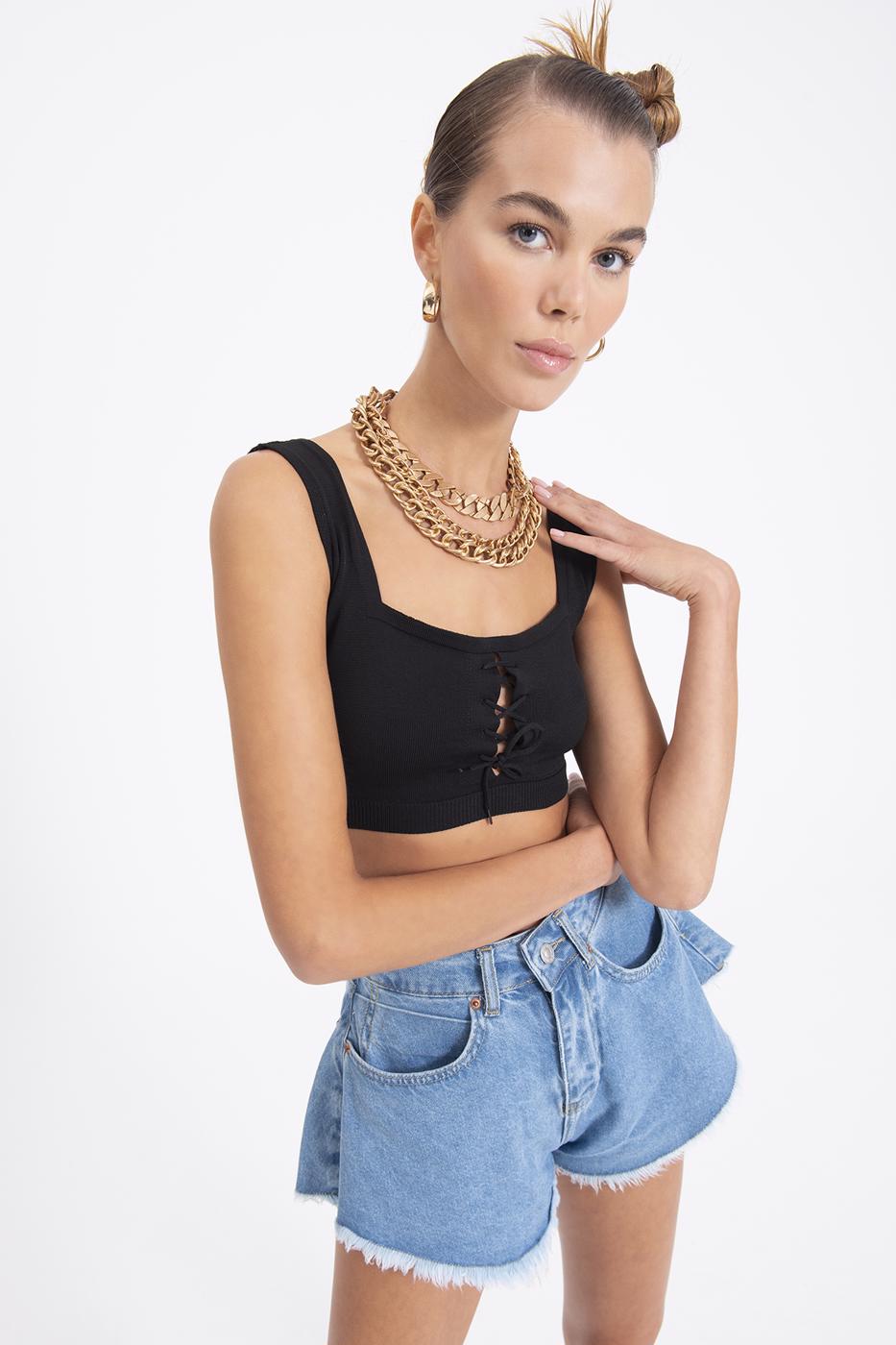 Bayan Siyah Kalın Askılı Örgü Büstiyer