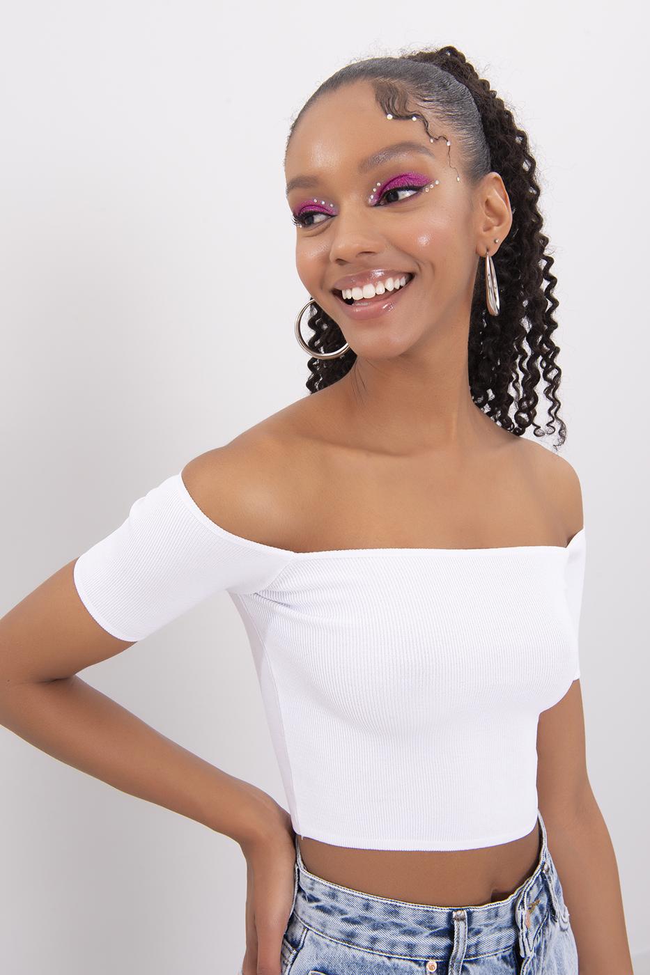 Bayan Beyaz Carmen Yaka Örgü Body