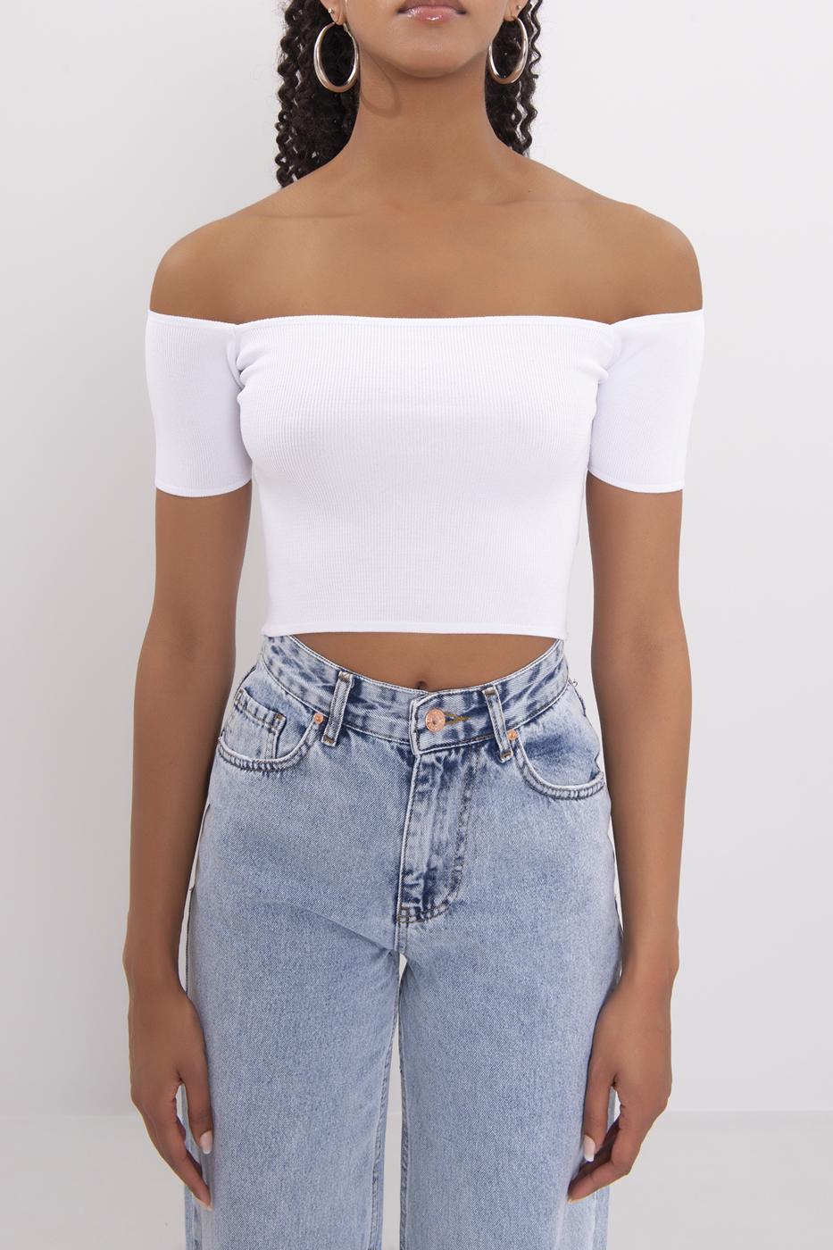 Bayan Beyaz Carmen Yaka Örgü Body