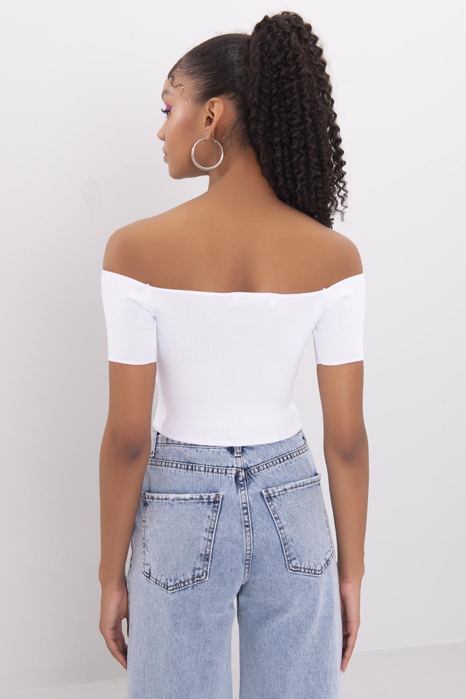 Bayan Beyaz Carmen Yaka Örgü Body