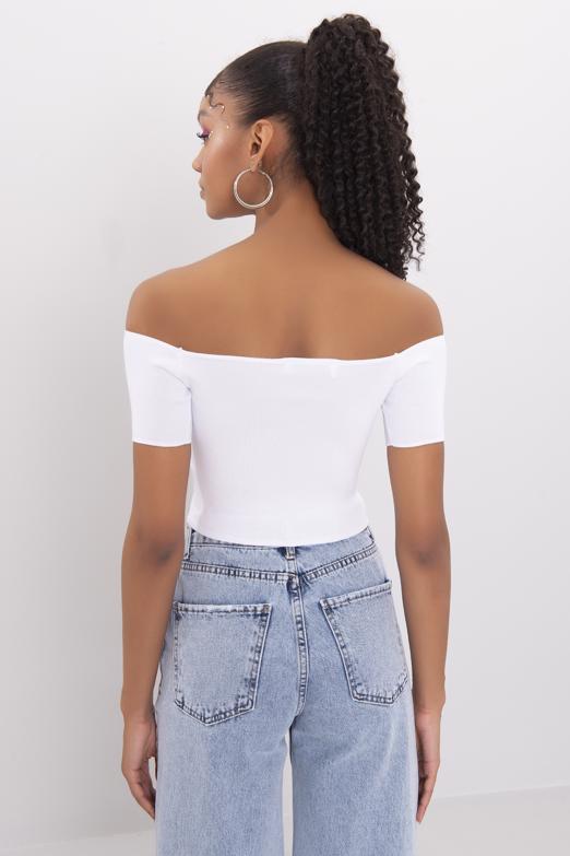 Bayan Beyaz Carmen Yaka Örgü Body - BSL