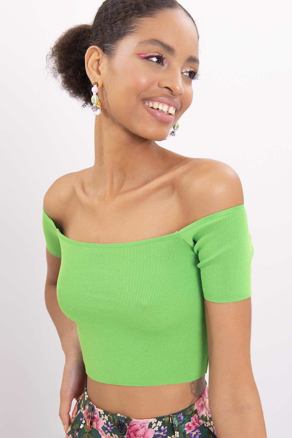 Bayan Yeşil Carmen Yaka Örgü Body