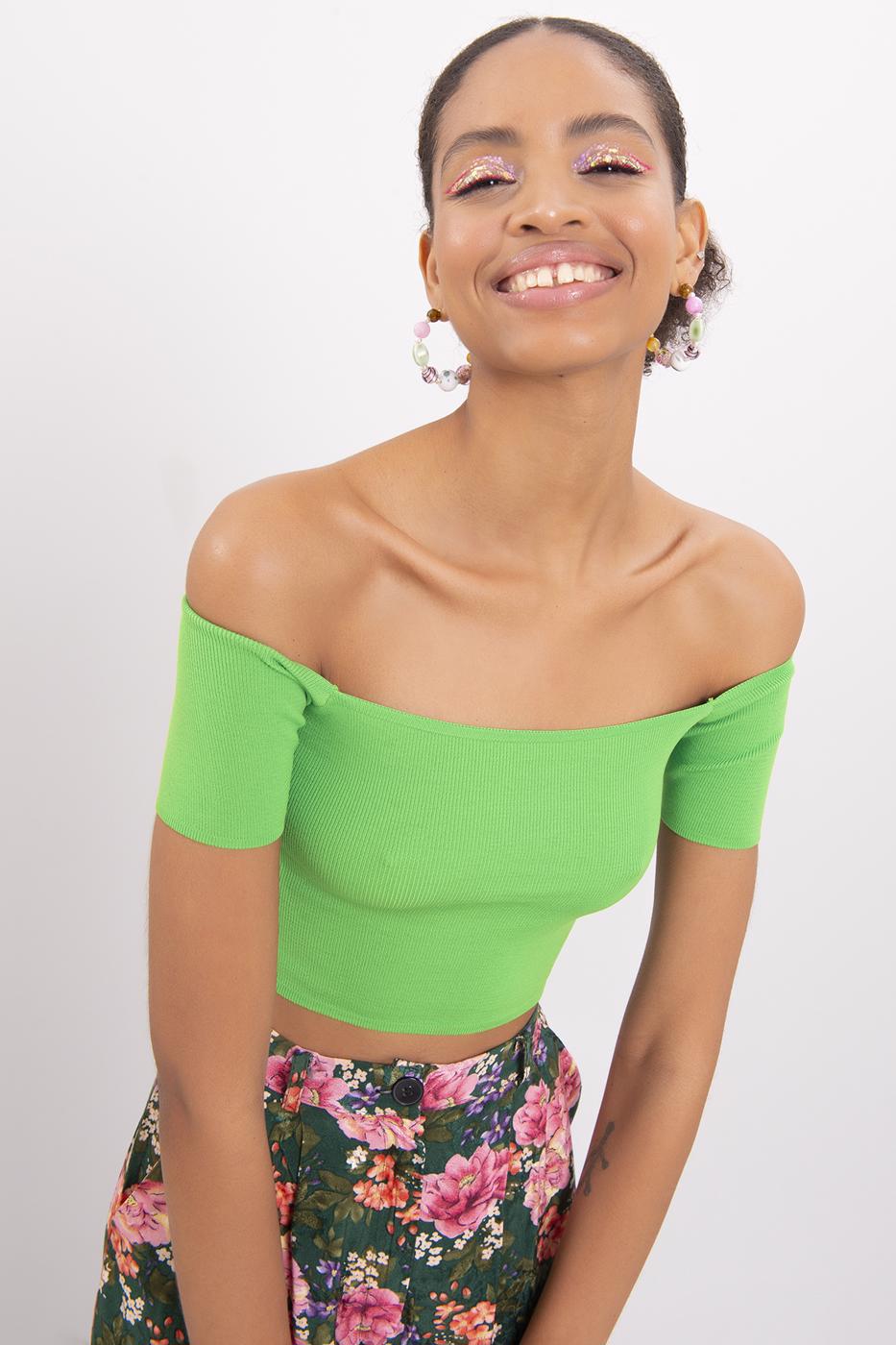 Bayan Yeşil Carmen Yaka Örgü Body