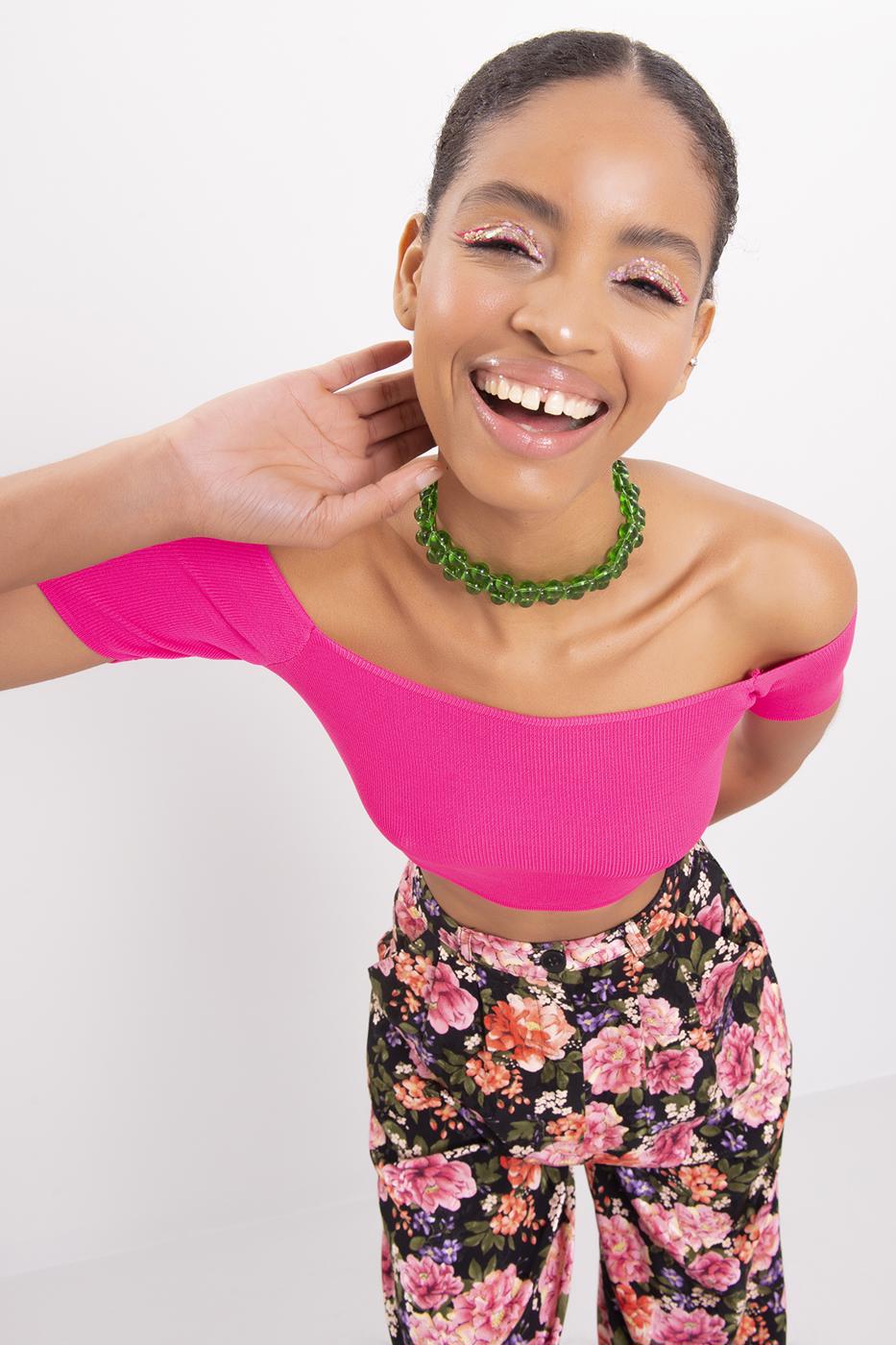 Bayan Fuşya Carmen Yaka Örgü Body