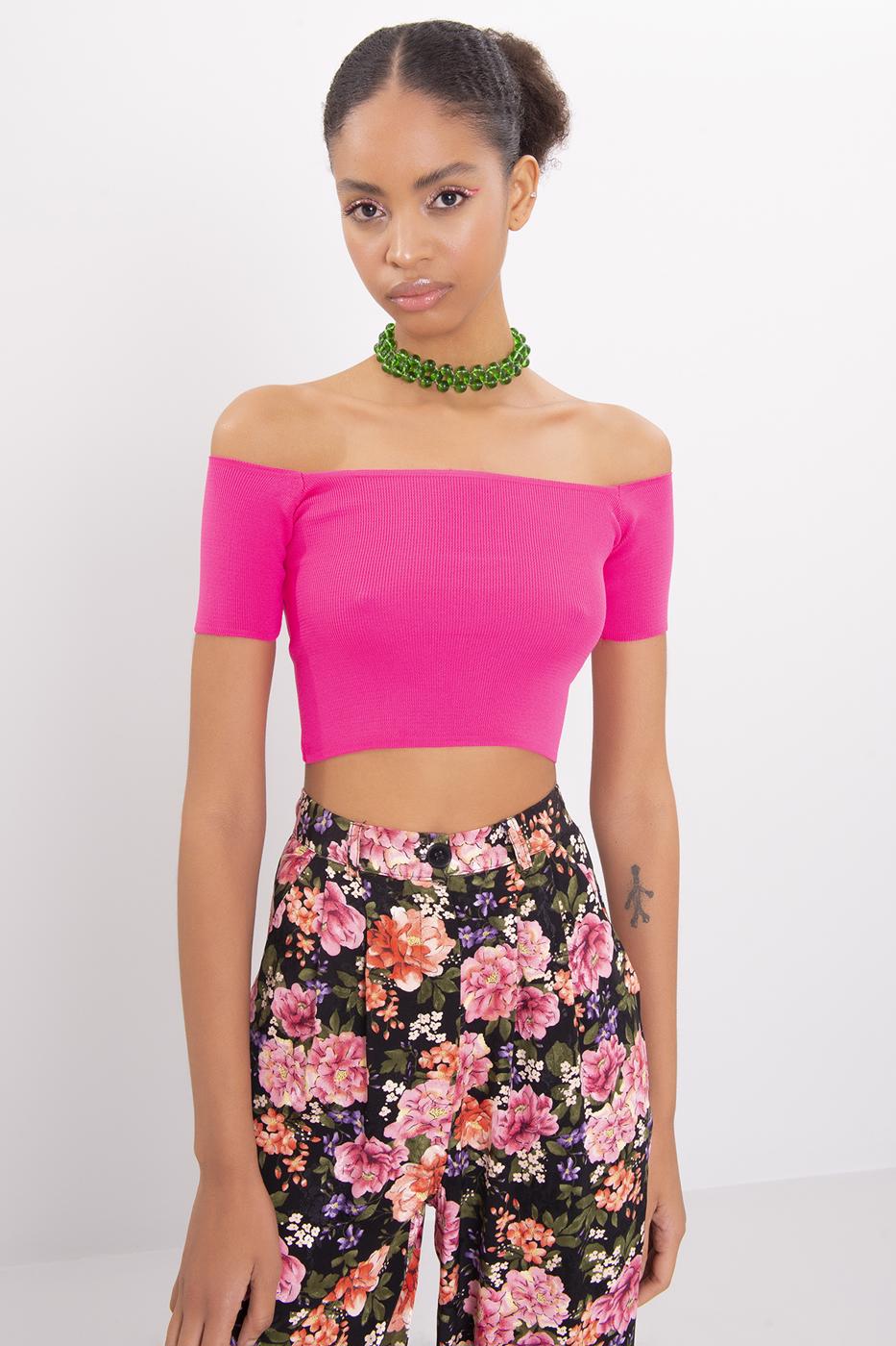 Bayan Fuşya Carmen Yaka Örgü Body