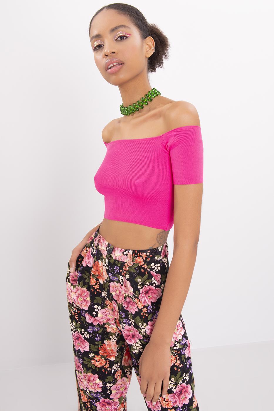 Bayan Fuşya Carmen Yaka Örgü Body