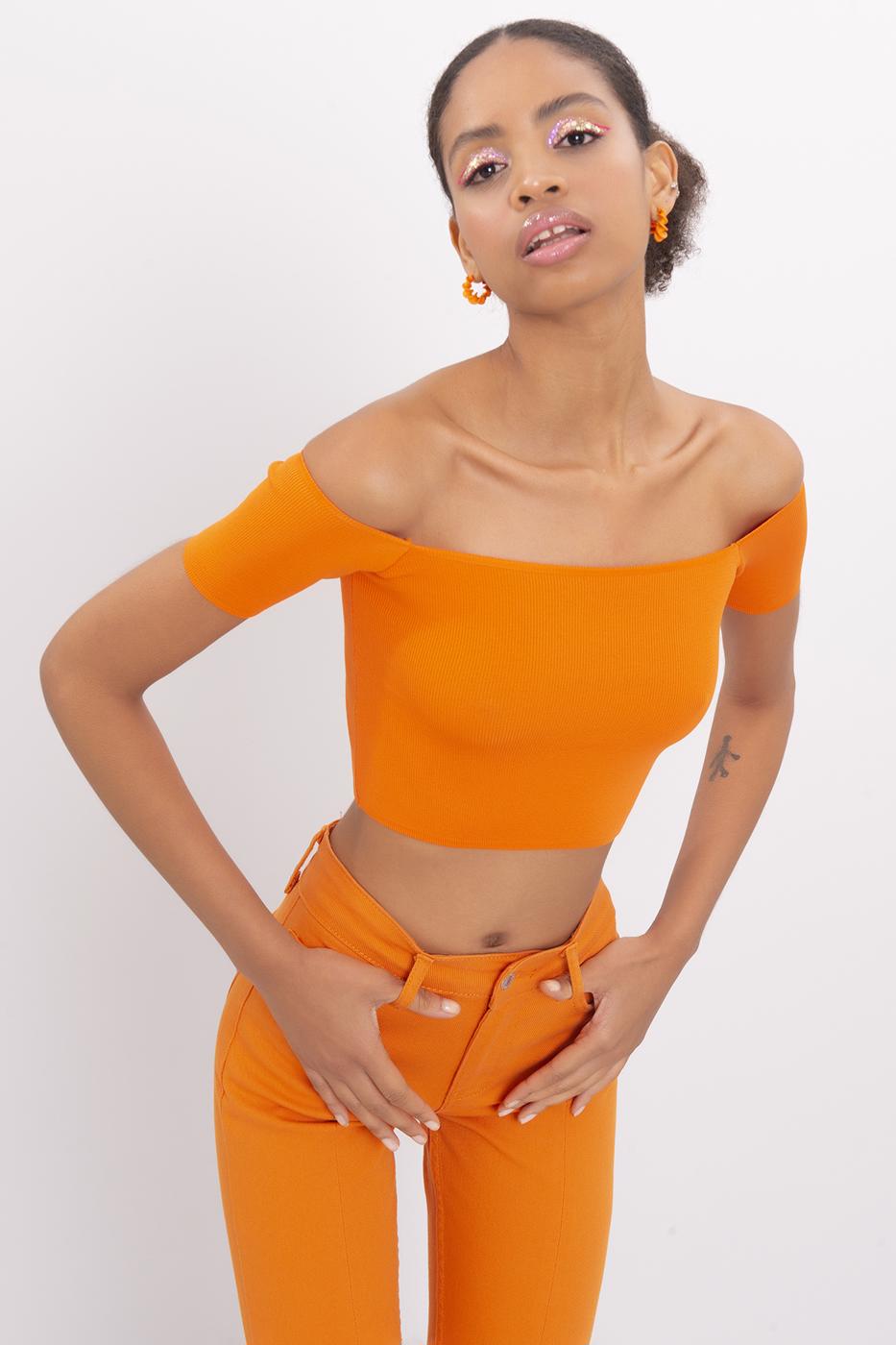 Bayan Oranj Carmen Yaka Örgü Body