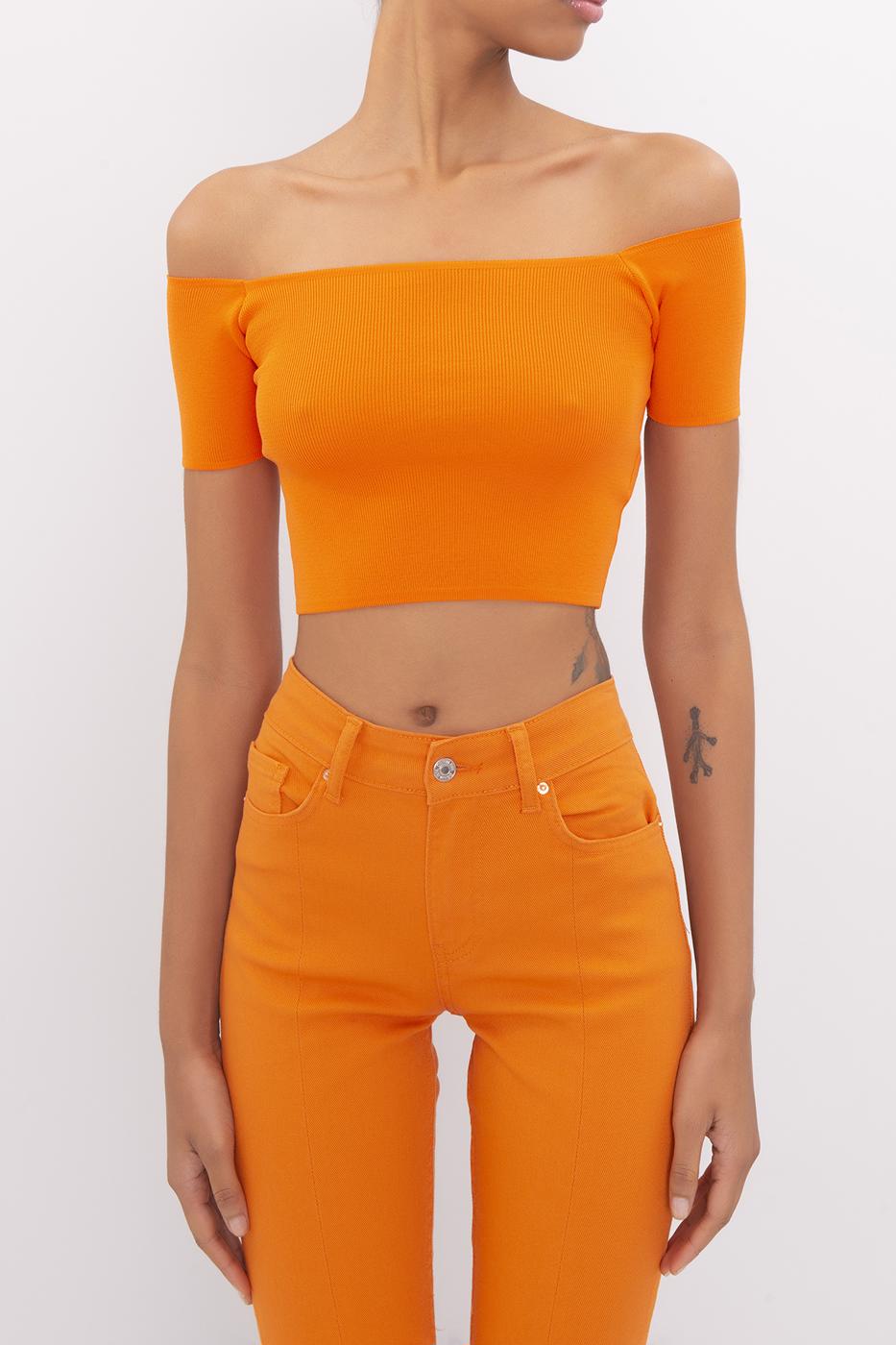 Bayan Oranj Carmen Yaka Örgü Body