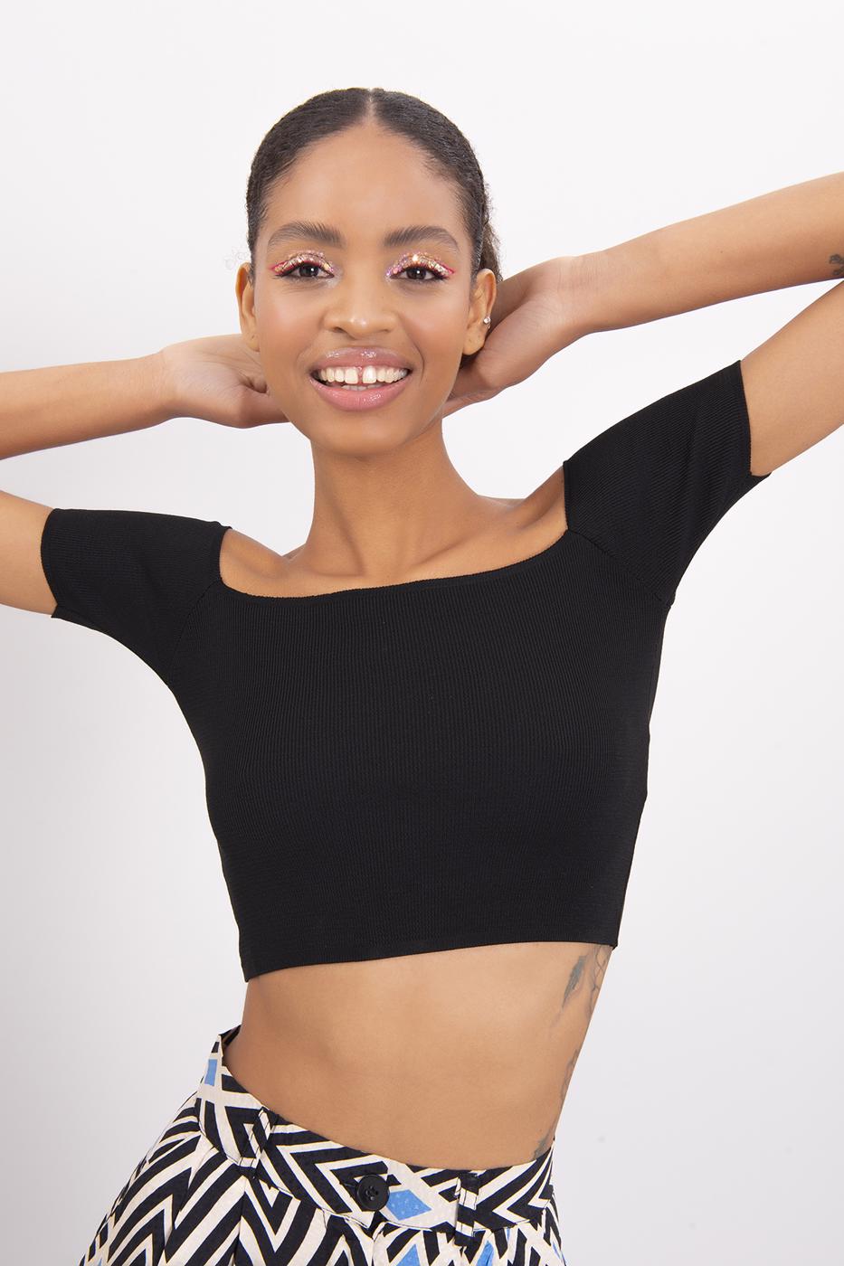 Bayan Siyah Carmen Yaka Örgü Body