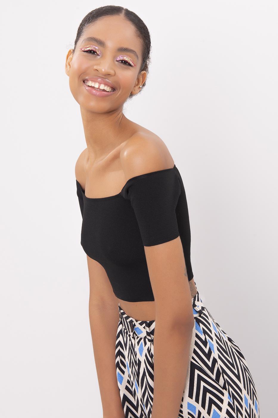 Bayan Siyah Carmen Yaka Örgü Body