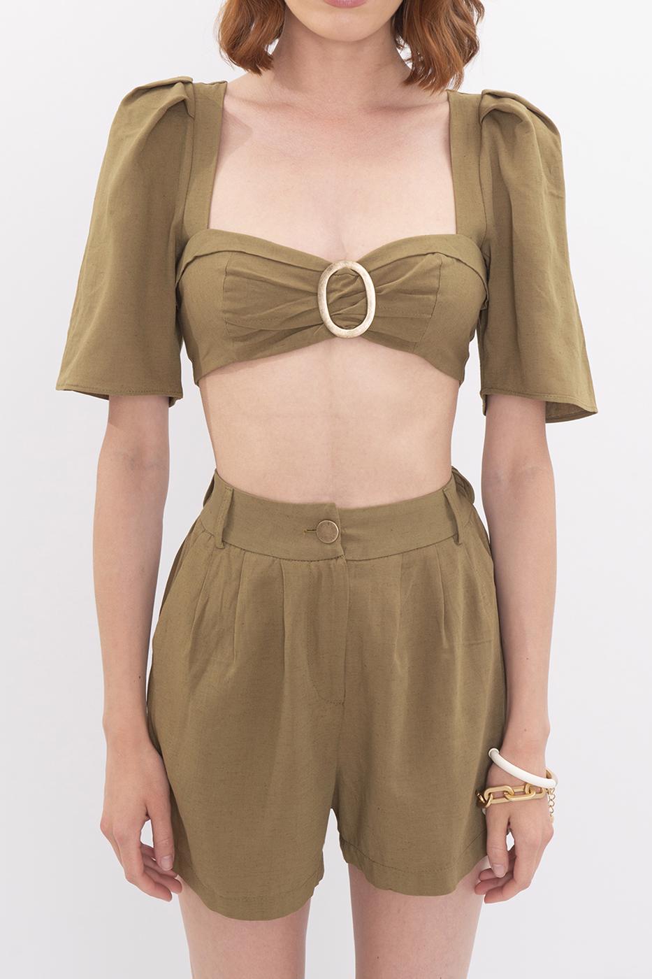 Bayan Haki Kare Yaka Crop Keten Bluz