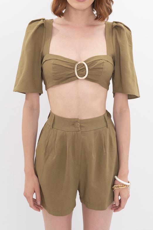 Bayan Haki Kare Yaka Crop Keten Bluz - BSL