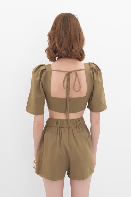 Bayan Haki Kare Yaka Crop Keten Bluz - BSL