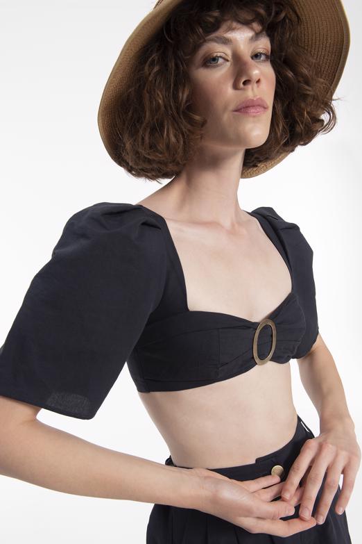 Bayan Lacivert Kare Yaka Crop Keten Bluz - BSL