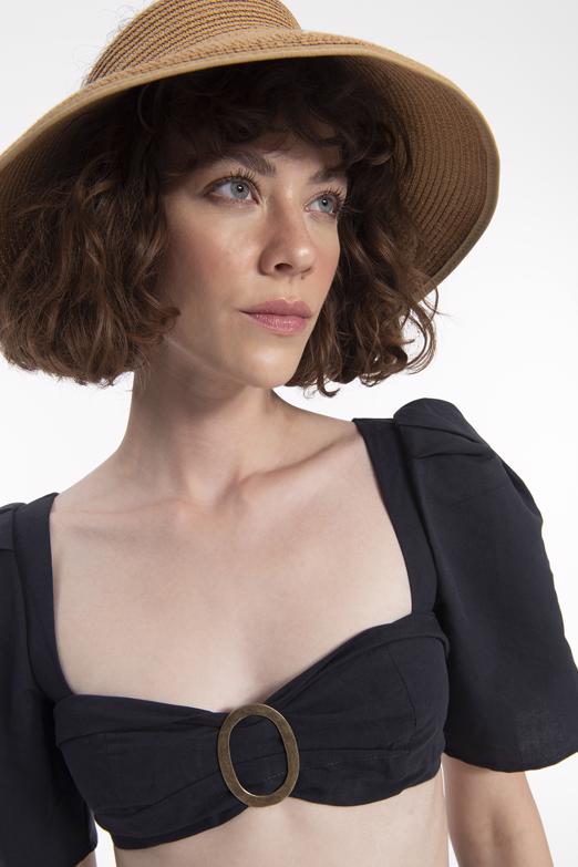 Bayan Lacivert Kare Yaka Crop Keten Bluz - BSL