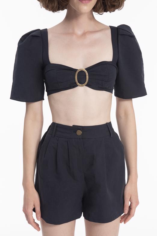 Bayan Lacivert Kare Yaka Crop Keten Bluz - BSL