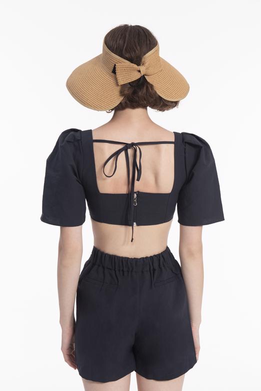 Bayan Lacivert Kare Yaka Crop Keten Bluz - BSL