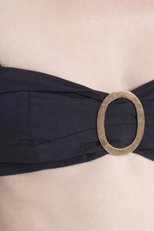 Bayan Lacivert Kare Yaka Crop Keten Bluz - BSL