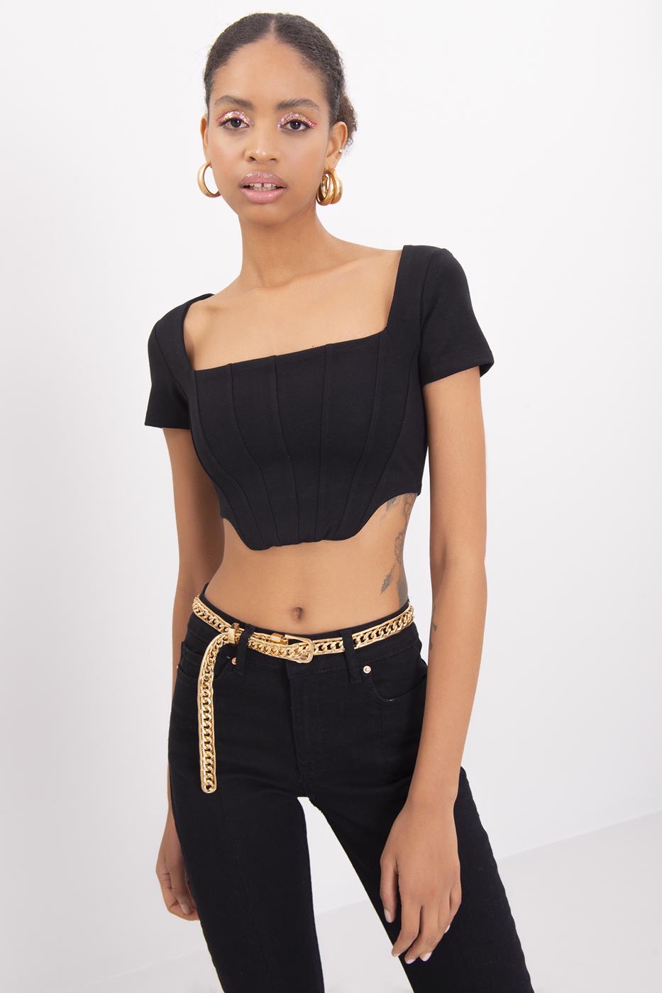 Bayan Siyah Kare Yaka Kısa Kol Body