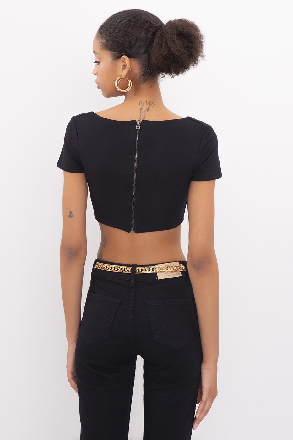 Bayan Siyah Kare Yaka Kısa Kol Body