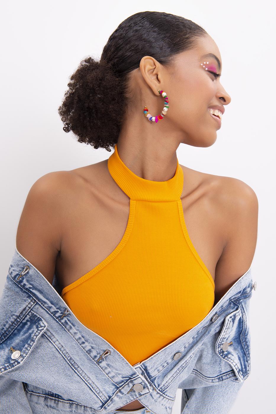 Bayan Oranj Dik Yakalı Sırt Dekolte Detaylı Büstiyer