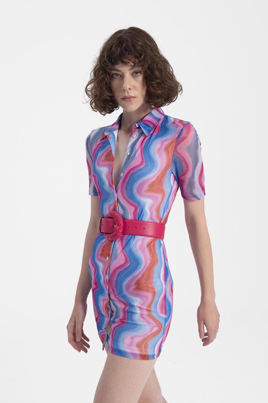 Bayan Pembe Tül Mini Gömlek Elbise