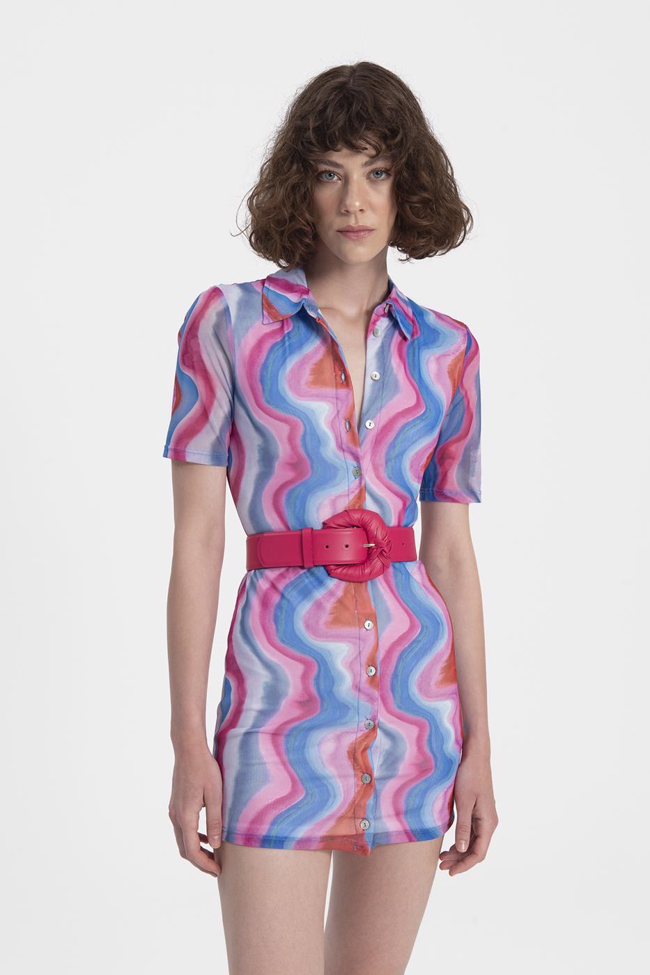 Bayan Pembe Tül Mini Gömlek Elbise