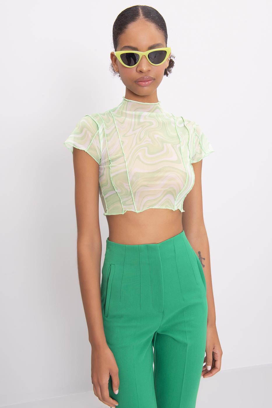 Bayan Yeşil Dik Yaka Kısa Kollu Tül Crop Body