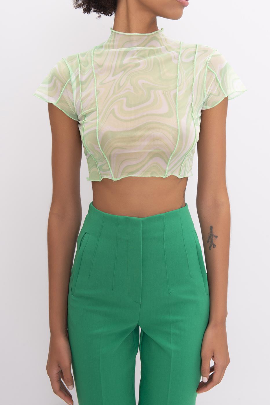 Bayan Yeşil Dik Yaka Kısa Kollu Tül Crop Body