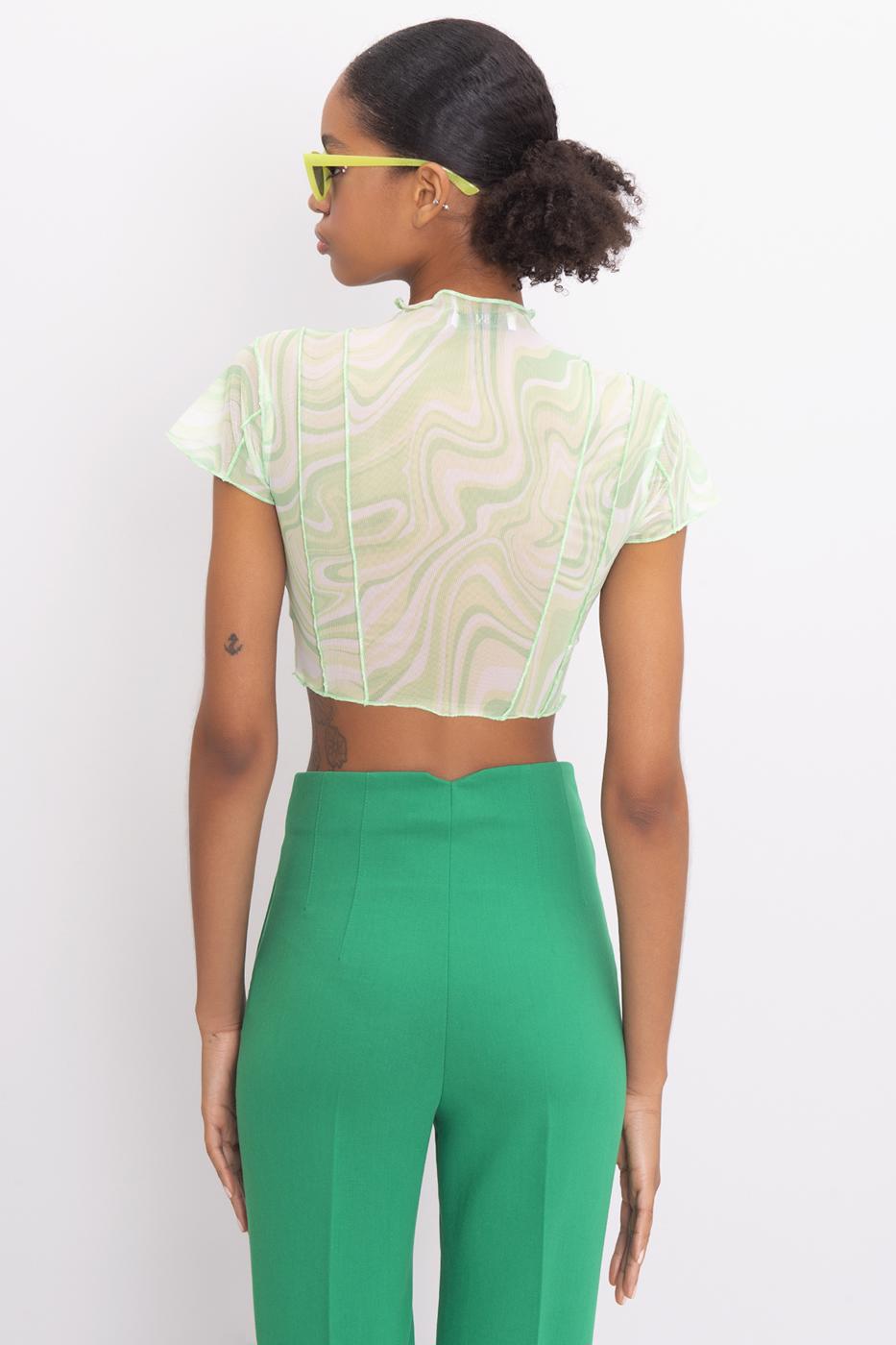 Bayan Yeşil Dik Yaka Kısa Kollu Tül Crop Body