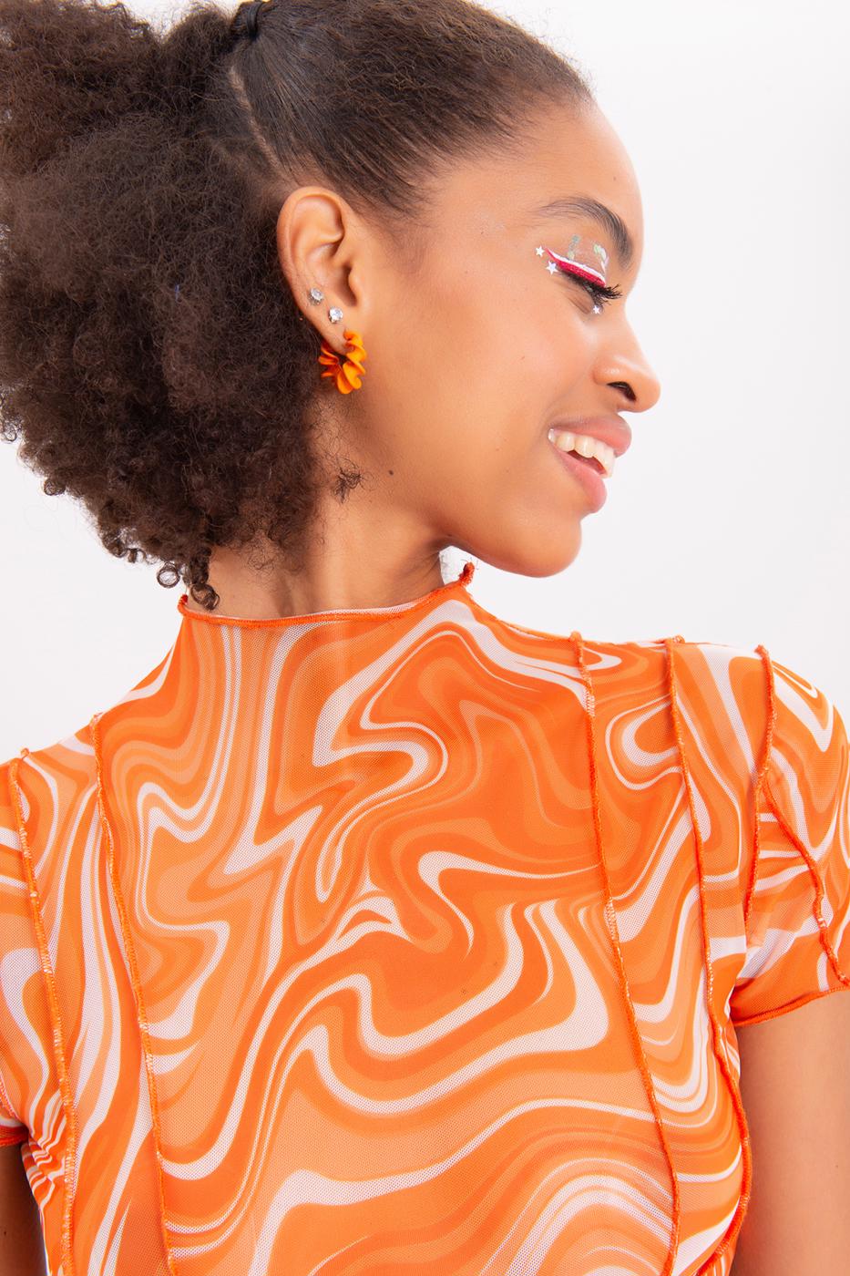 Bayan Oranj Dik Yaka Kısa Kollu Tül Crop Body